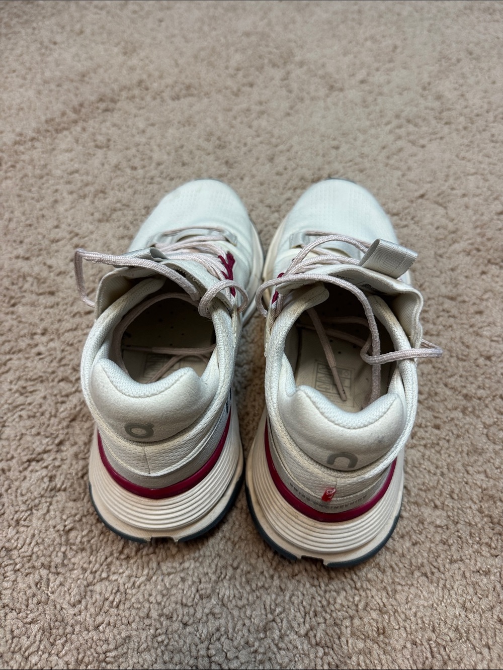 On Running Women's White Athletic Sneakers with Burgundy Accents - Picture 2 of 4